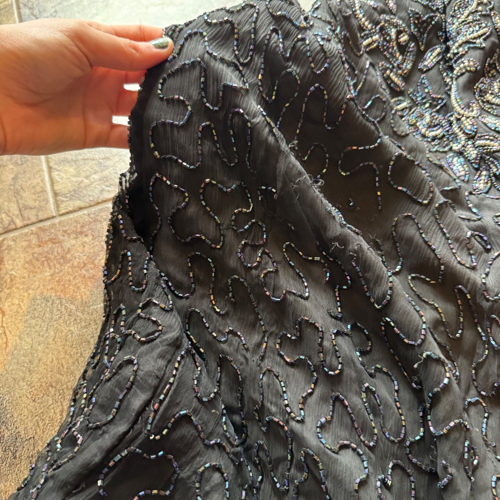 Vintage Beaded Whimsigoth Silk Maxi Dress Black Silver Iridescent Formal Gown - Picture 16 of 16